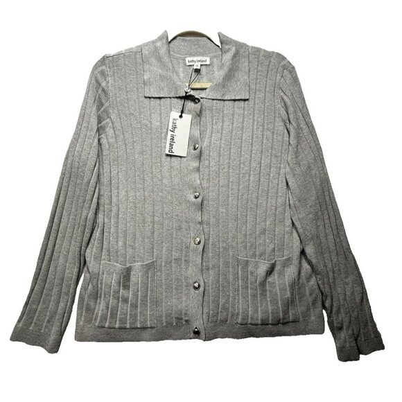 NWT Kathy Ireland Women's XL Gray & Silver Button Up Cardigan Polyester Blend - Picture 1 of 9
